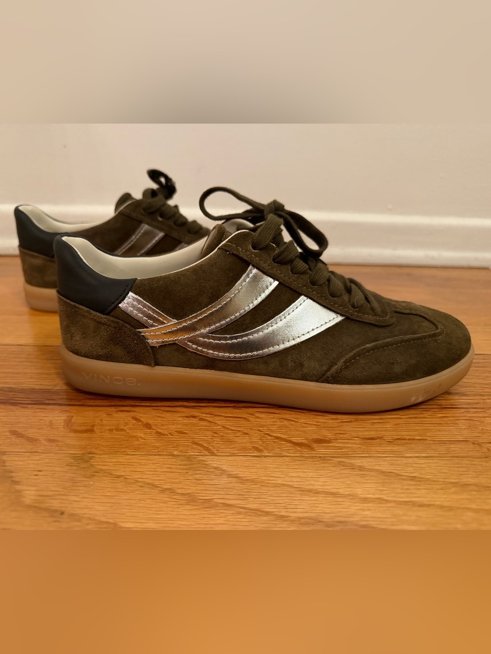 Vince Olive Suede Sneakers with Metallic Silver Stripes